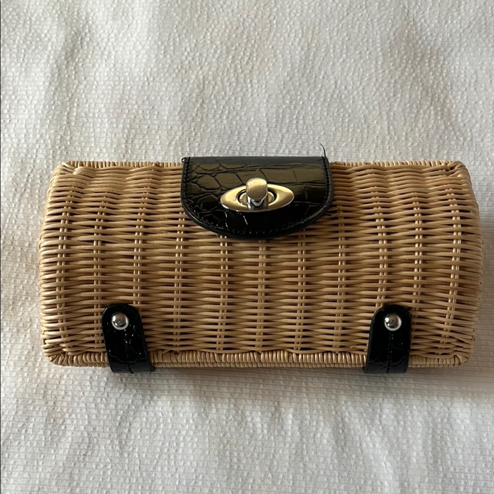 Tan and Black Woven Clutch with Basket-Weave Texture